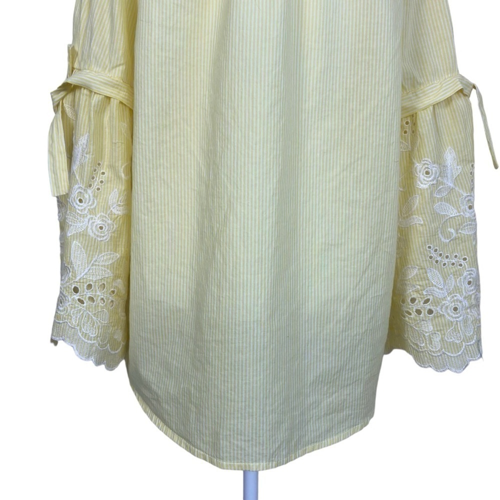 Fever Boho Peasant Blouse with Embroidered Bell Sleeves Yellow White Striped L - Picture 9 of 16